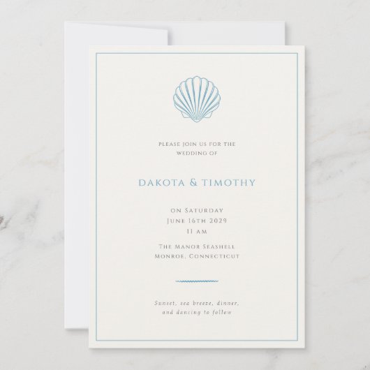 Minimalist Simple Blue Seashell Wedding invitation 招待状 (正面)