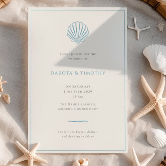 Minimalist Simple Blue Seashell Wedding invitation 招待状