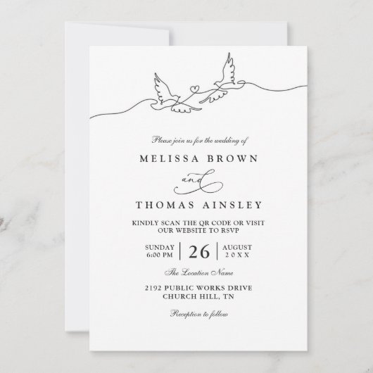 Minimalist Simple Lovely Dove Chic QR Code Wedding 招待状 (正面)