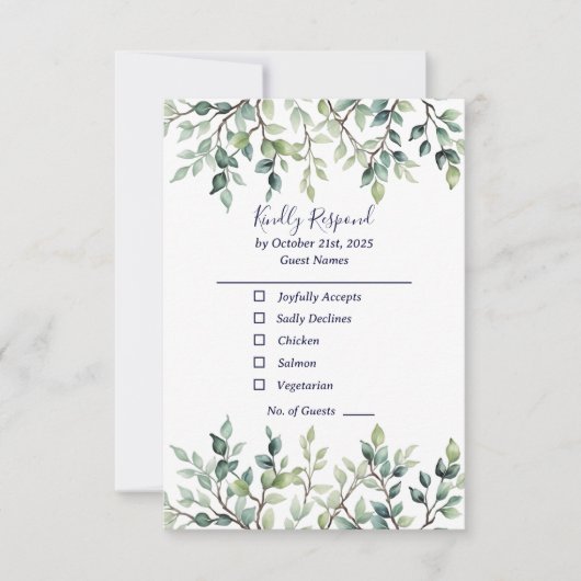 Minimalist Simple Pretty leaves branches wedding 出欠カード (正面)