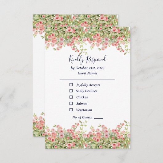 Minimalist Simple Pretty rose vine floral wedding 出欠カード (正面/裏面)