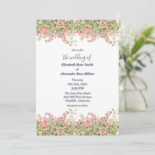 Minimalist Simple Pretty rose vine floral wedding 招待状 (スタンド正面)