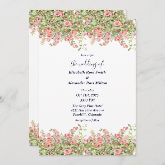 Minimalist Simple Pretty rose vine floral wedding 招待状 (正面/裏面)