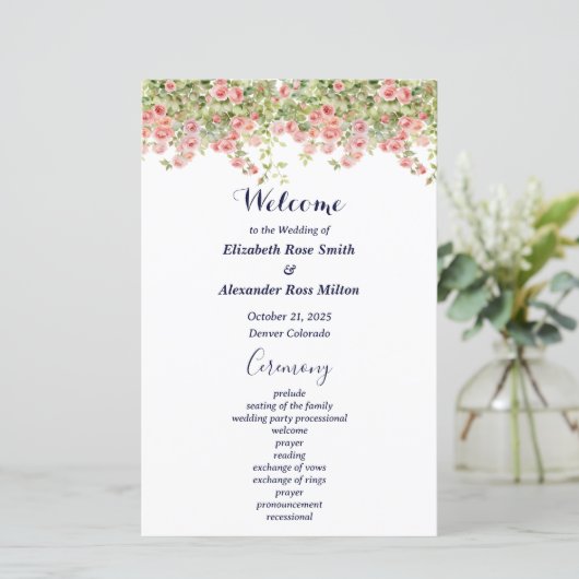 Minimalist Simple Pretty rose vine wedding program (スタンド正面)