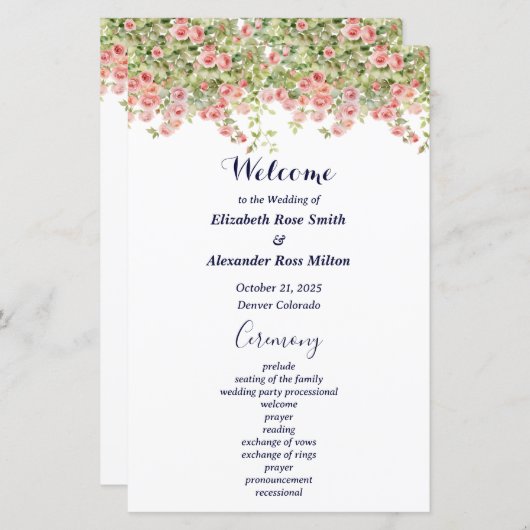 Minimalist Simple Pretty rose vine wedding program (正面/裏面)