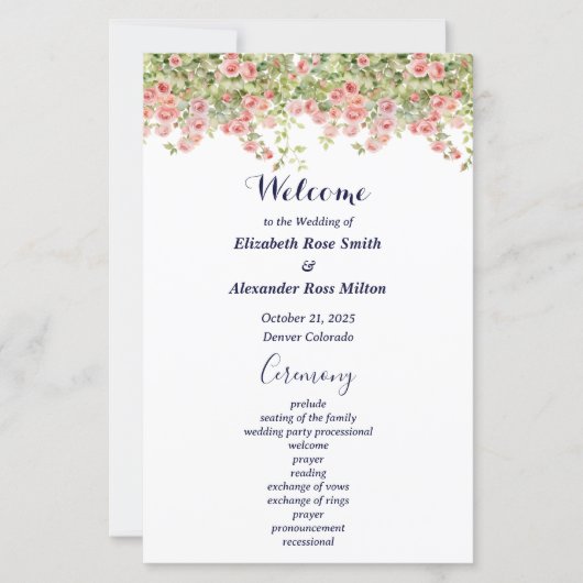Minimalist Simple Pretty rose vine wedding program (正面)