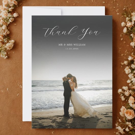 Minimalist Simple Script with Wedding Photo サンキューカード
