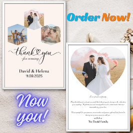 Minimalist SimpleW Script with Heart Wedding Photo サンキューカード