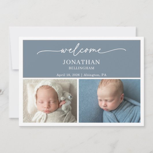 Minimalist Slate Blue Photo Baby Announcement Card 招待状 (正面)