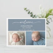 Minimalist Slate Blue Photo Baby Announcement Card 招待状 (スタンド正面)