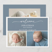 Minimalist Slate Blue Photo Baby Announcement Card 招待状 (正面/裏面)