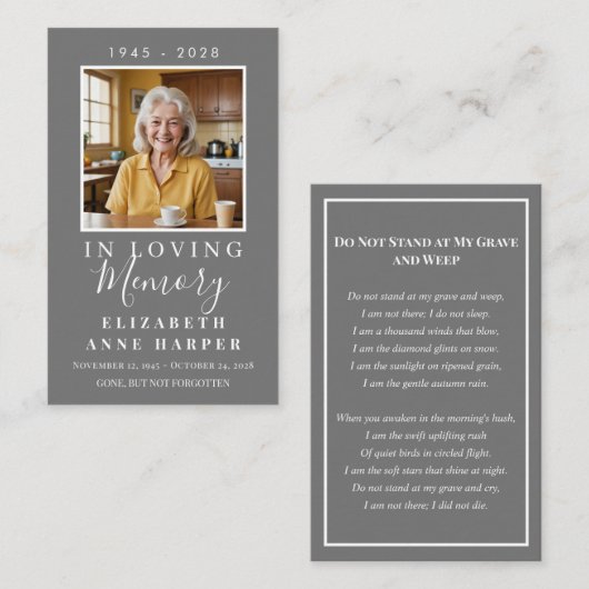 Minimalist Slate Gray Photo Funeral Prayer Card 名刺 (正面/裏面)