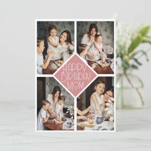 Minimalist Slate Pink Multi Photo Birthday Mom シーズンカード (スタンド正面)