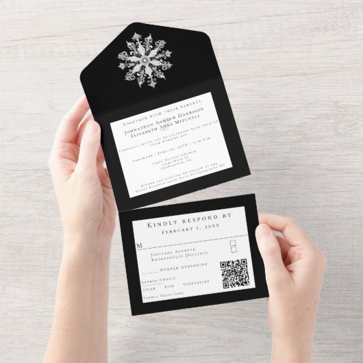 Minimalist Snowflake Wedding | Black オールインワン招待状 (貼ってはがせる)