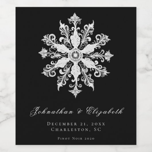Minimalist Snowflake Wedding | Black ワインラベル (シングルラベル)