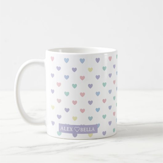 Minimalist Soft Pastel Heart Pattern Couple Name コーヒーマグカップ (左)