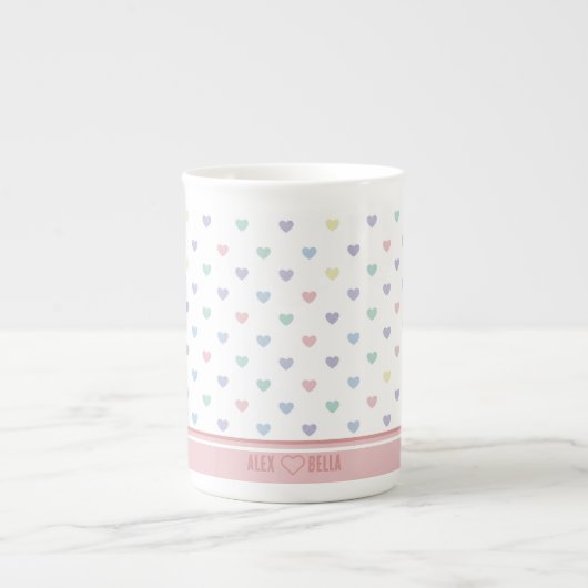 Minimalist Soft Pastel Heart Pattern Couple Name ボーンチャイナマグカップ (正面)