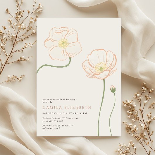Minimalist Soft Peach Poppy Wildflower Baby Shower 招待状