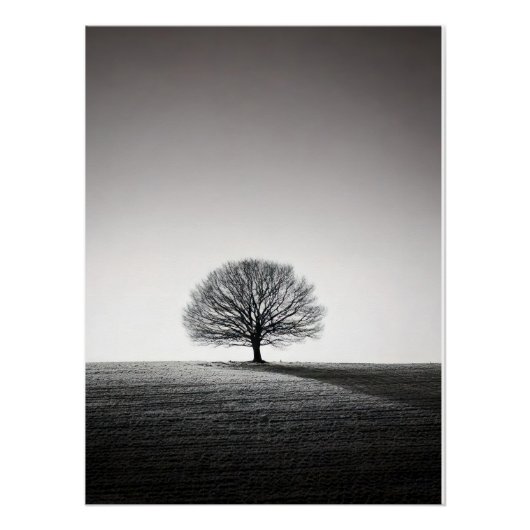 Minimalist Solitary Tree Landscape | Monochrome ポスター (正面)