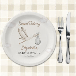 Minimalist Stork-Themed Baby Shower Neutral ペーパープレート