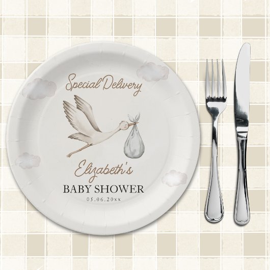 Minimalist Stork-Themed Baby Shower Neutral ペーパープレート