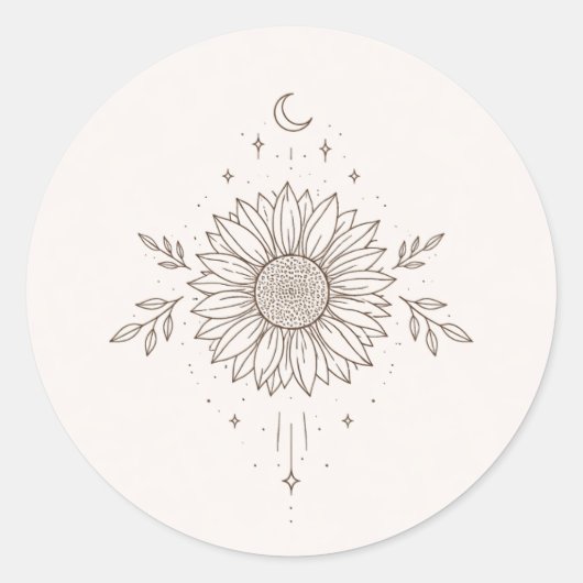 Minimalist Sunflower & Moon Design ラウンドシール (正面)