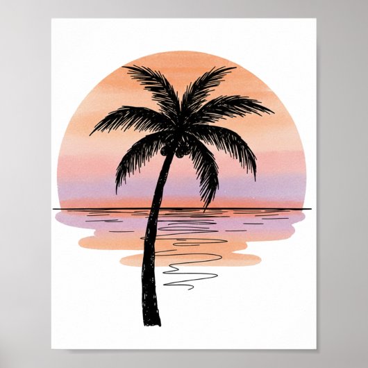 Minimalist Sunset Beach Poster – Palm Tree Ocean ポスター (正面)