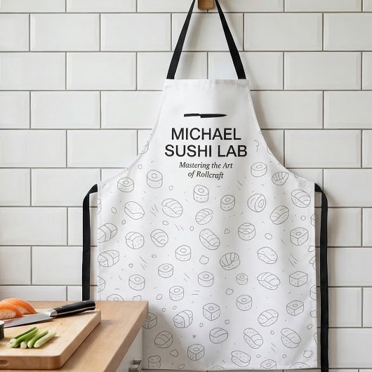 Minimalist Sushi Pattern with Chef Knife Typograph エプロン