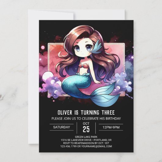 Minimalist Sweet Mermaid Birthday 招待状 (正面)