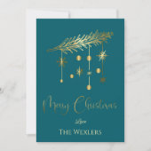 Minimalist Teal and Gold Photo Christmas シーズンカード (正面)