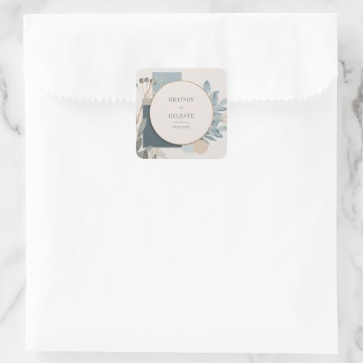 Minimalist Teal Blue Gold Circle Geometric Wedding スクエアシール (バッグ)