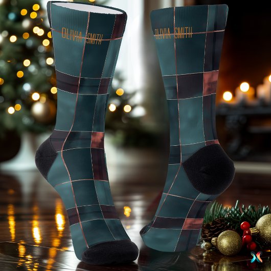Minimalist Teal & Burgundy Christmas Plaid Custom ソックス