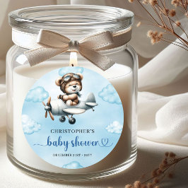 Minimalist Teddy Bear Pilot Airplane Blue Brown  ラウンドシール