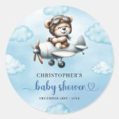 Minimalist Teddy Bear Pilot Airplane Blue Brown  ラウンドシール (正面)