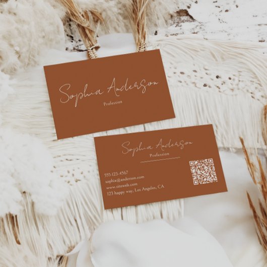 Minimalist Terracotta Modern Script Qr Code        名刺