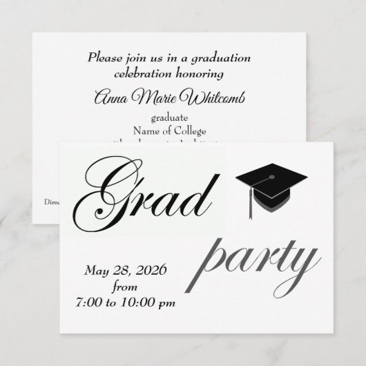 Minimalist Text College Graduation Party  招待状 (正面/裏面)