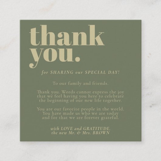 Minimalist Thank You Sage Gold エンクロージャーカード (正面)