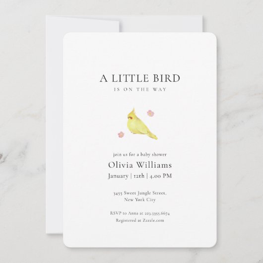 Minimalist Tiny Floral Bird Baby Shower  招待状 (正面)
