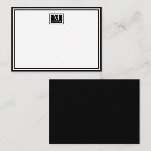 Minimalist Two Boarder Monogram Name Black ノートカード (正面/裏面)