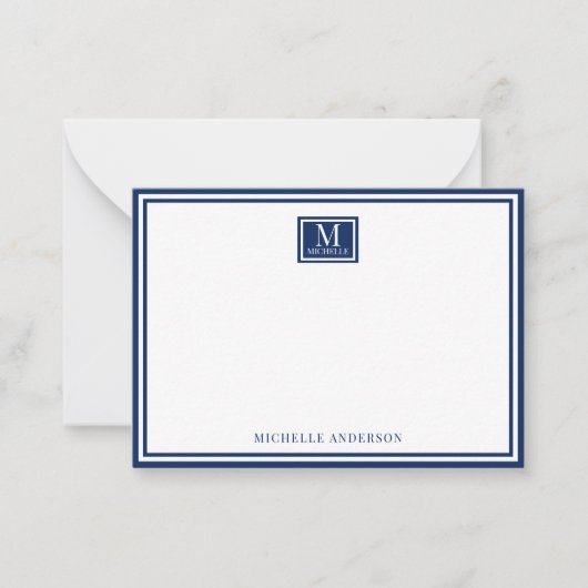 Minimalist Two Boarder Monogram Name Navy Blue ノートカード (正面)