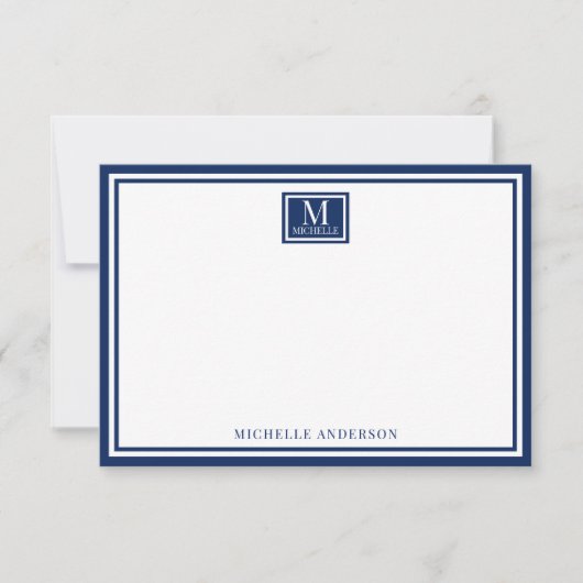 Minimalist Two Boarder Monogram Name Navy Blue ノートカード (正面)