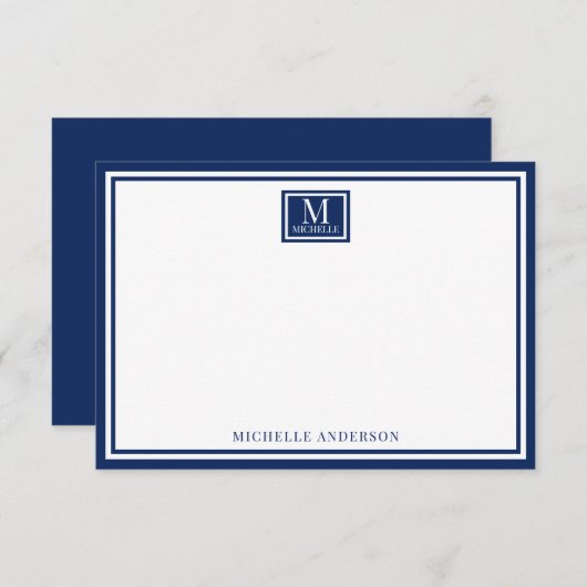 Minimalist Two Boarder Monogram Name Navy Blue ノートカード (正面/裏面)