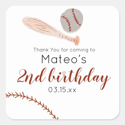 Minimalist Vintage Baseball Birthday Party スクエアシール (正面)