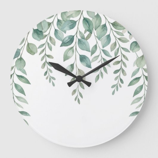 Minimalist Watercolor Eucalyptus Cascading Monogra ラージ壁時計 (正面)