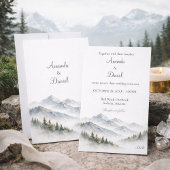 Minimalist Watercolor Mountain Wedding Pine Tree 招待状