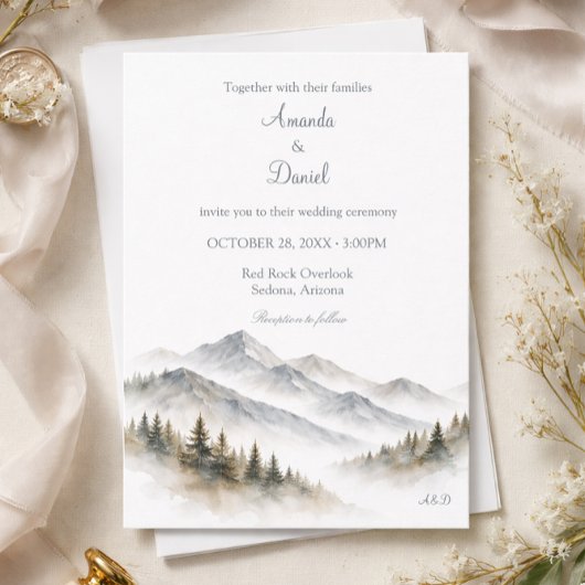 Minimalist Watercolor Mountain Wedding Pine Tree 招待状