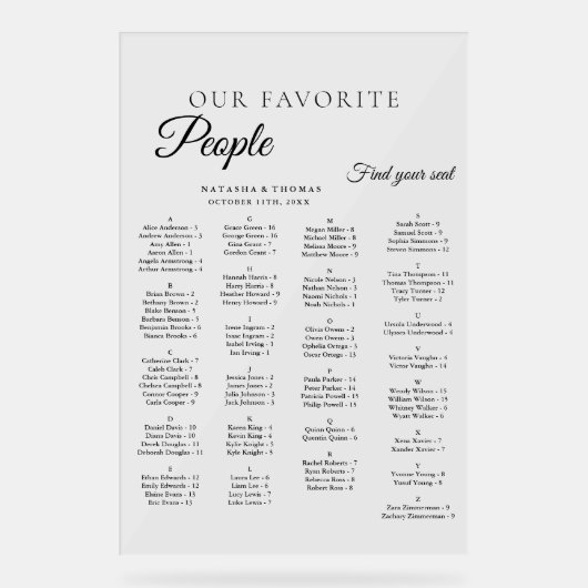  Minimalist  Wedding Alphabetical Seating Chart アクリルサイン (正面)