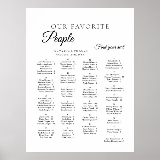 Minimalist Wedding Alphabetical Seating Chart ポスター (正面)