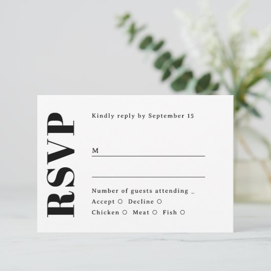 Minimalist Wedding. Black & White Clean Typography 出欠カード (スタンド正面)
