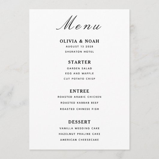 Minimalist Wedding Black & White Menu Card  メニュー (正面)